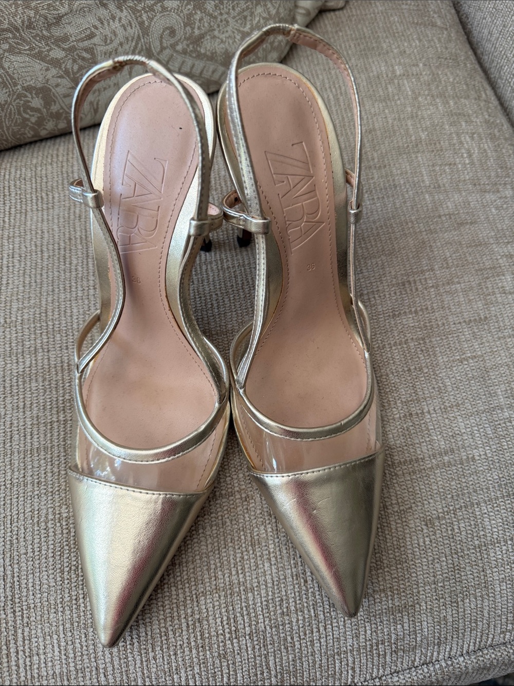 Zara Gold Pointed Slingback Heels with Clear Vamp